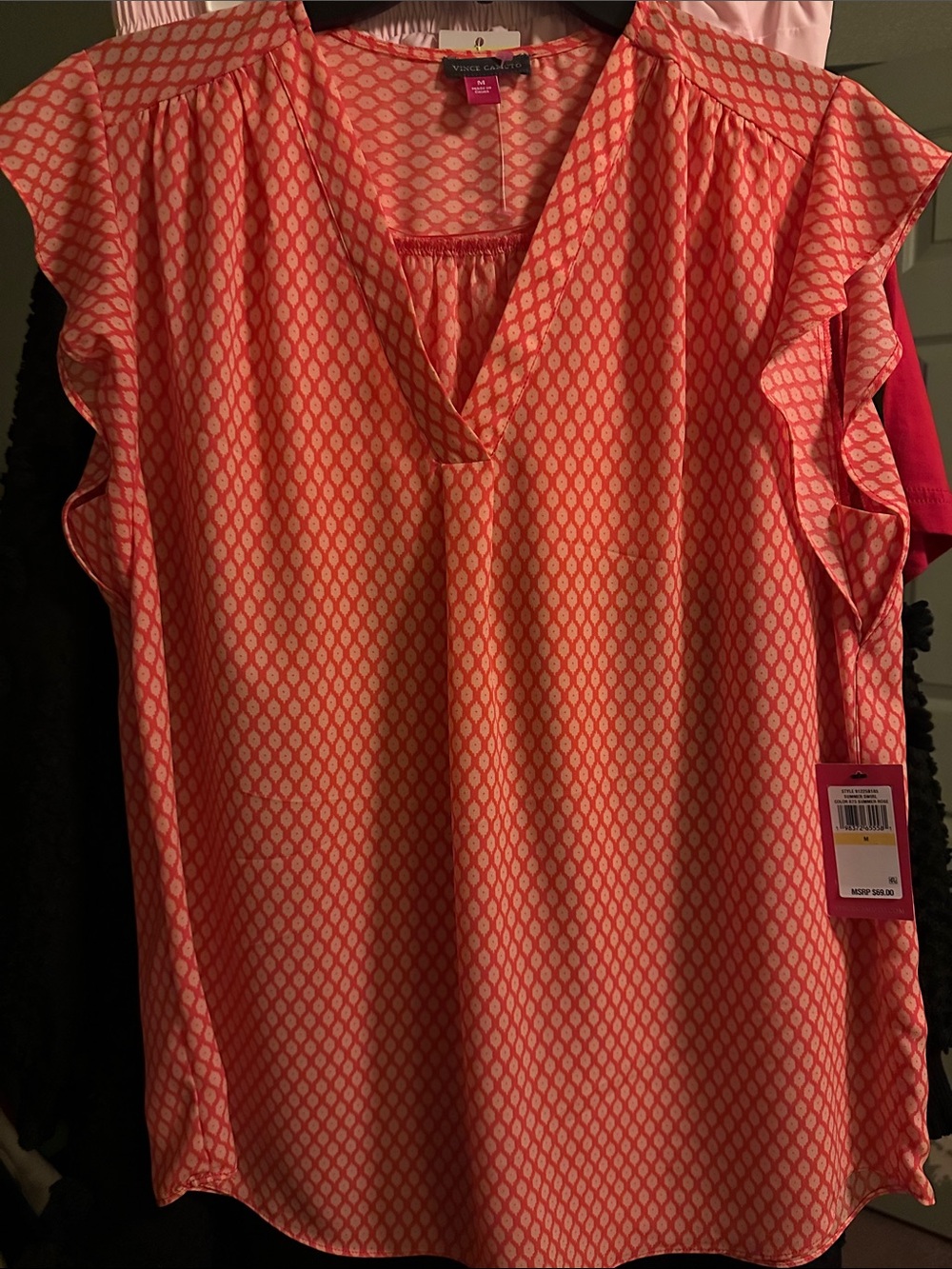 Vince Camuto Coral Geometric Print Ruffle Sleeve V-Neck Blouse
